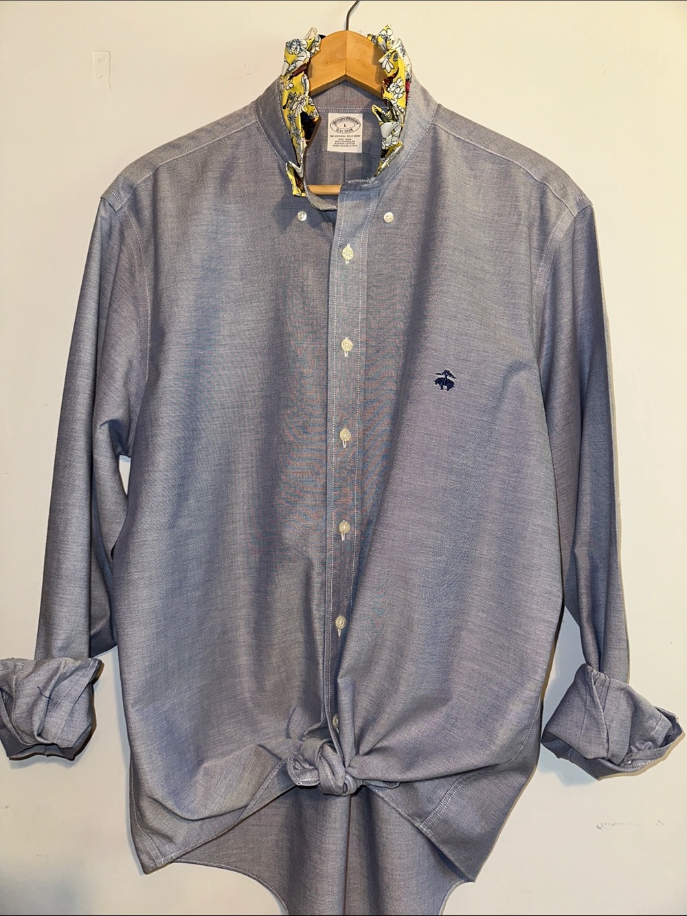 Brooks Brothers Blue Women's Button-Down Shirt with Contrast Ruffled Collar